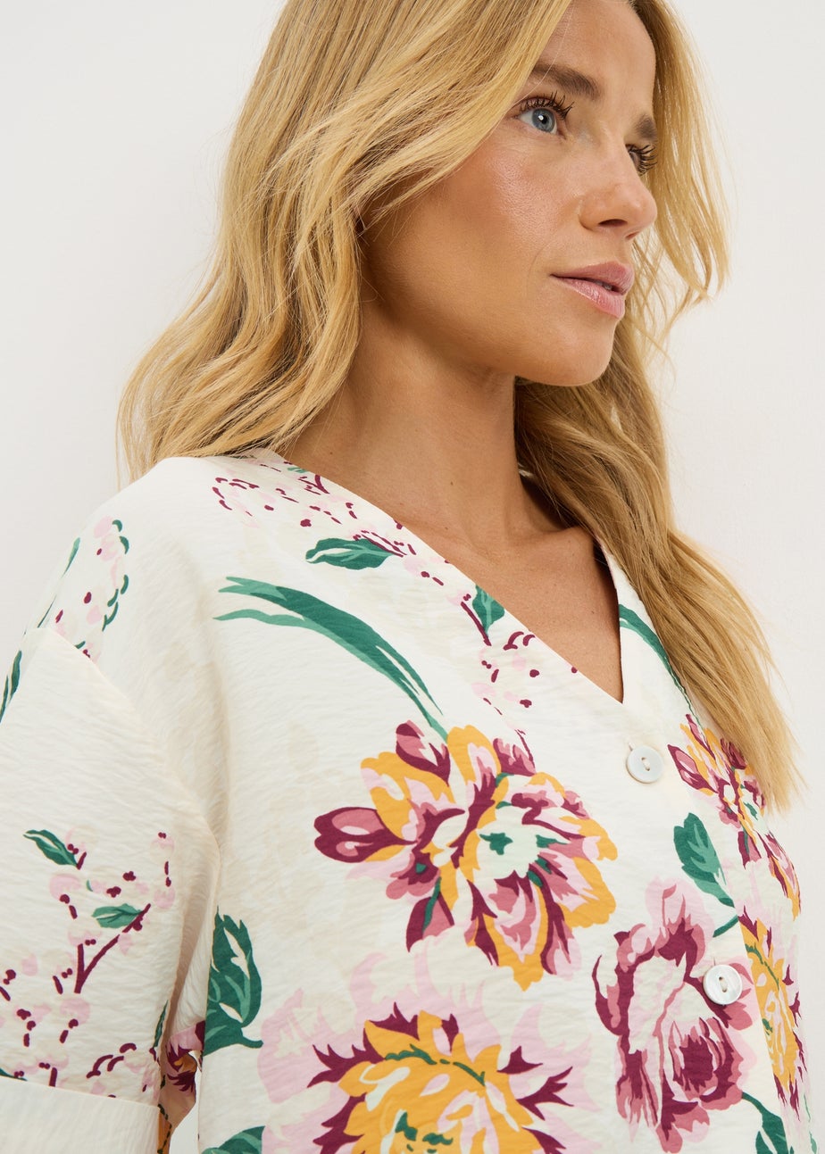 Cream Floral Button V-Neck Shirt