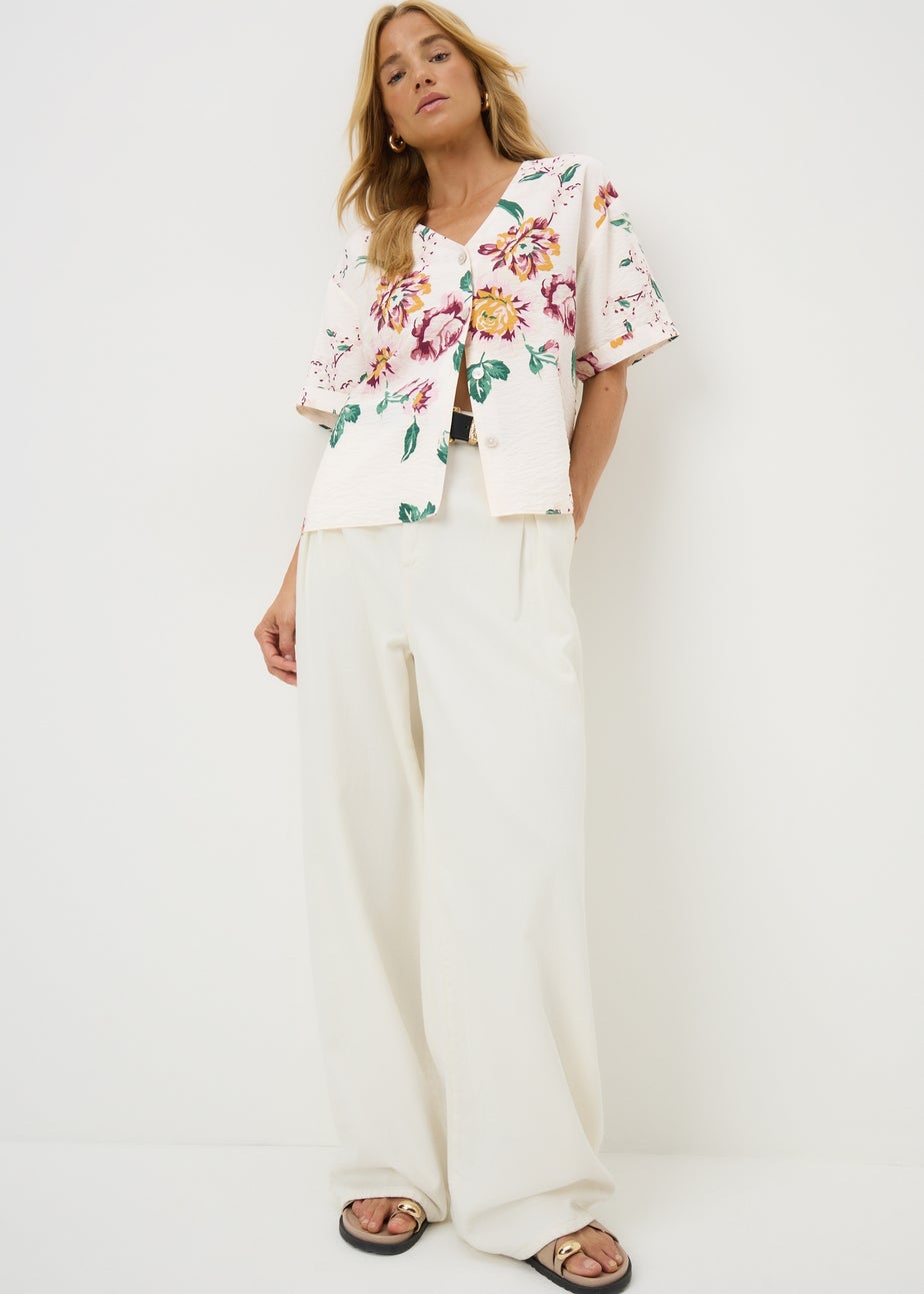 Cream Floral Button V-Neck Shirt