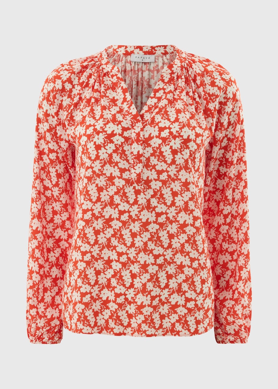 Red Ditsy Floral V Neck Blouse