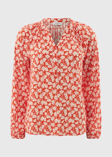 Red Ditsy Floral V Neck Blouse