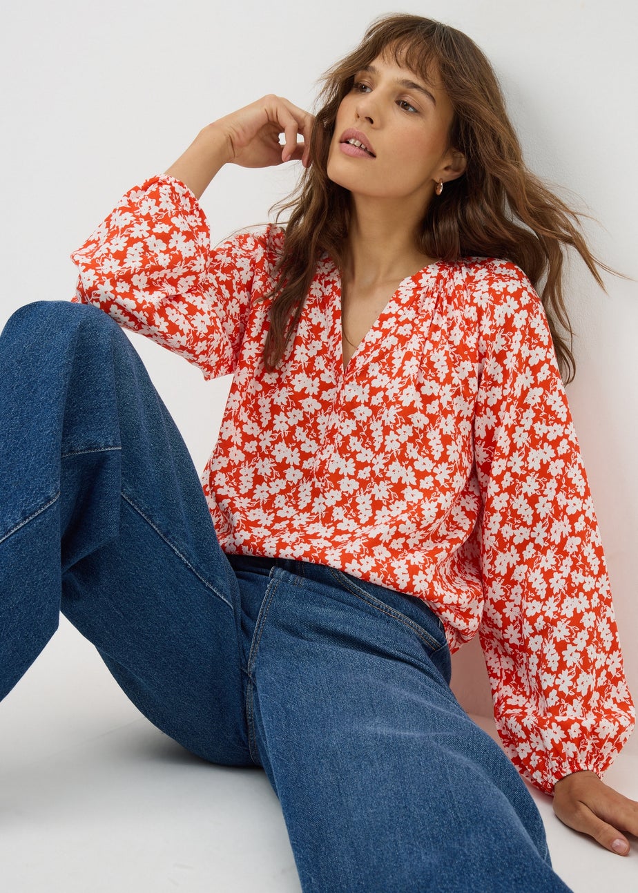 Red Ditsy Floral V Neck Blouse