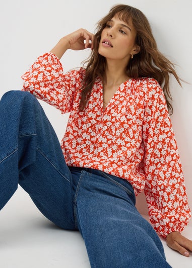 Red Ditsy Floral V Neck Blouse