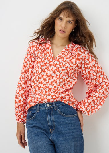 Red Ditsy Floral V Neck Blouse