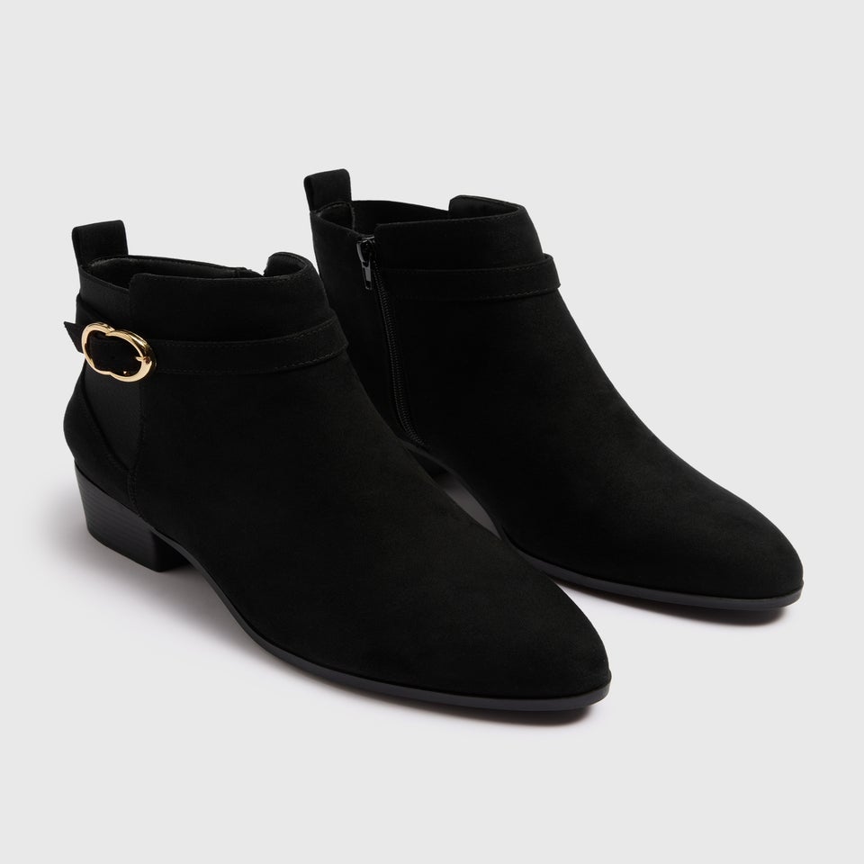 Black Buckle Block Heel Boots