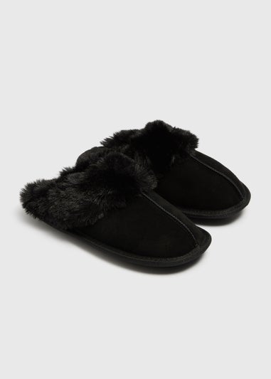Black Faux Suede Trim Mule Slippers