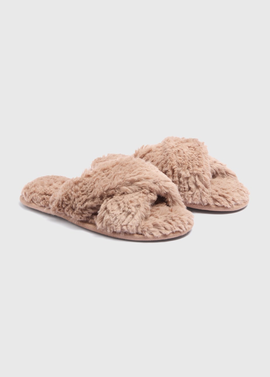 Brown Teddy Cross Strap Slippers