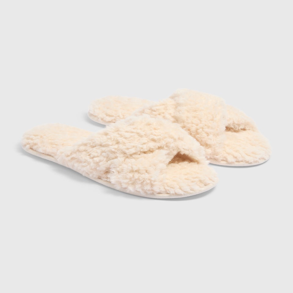 Cream Teddy Cross Strap Slippers