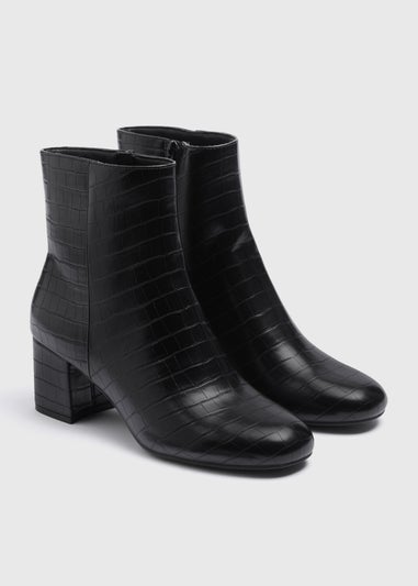Black Croc Faux Leather Block Heel Boots