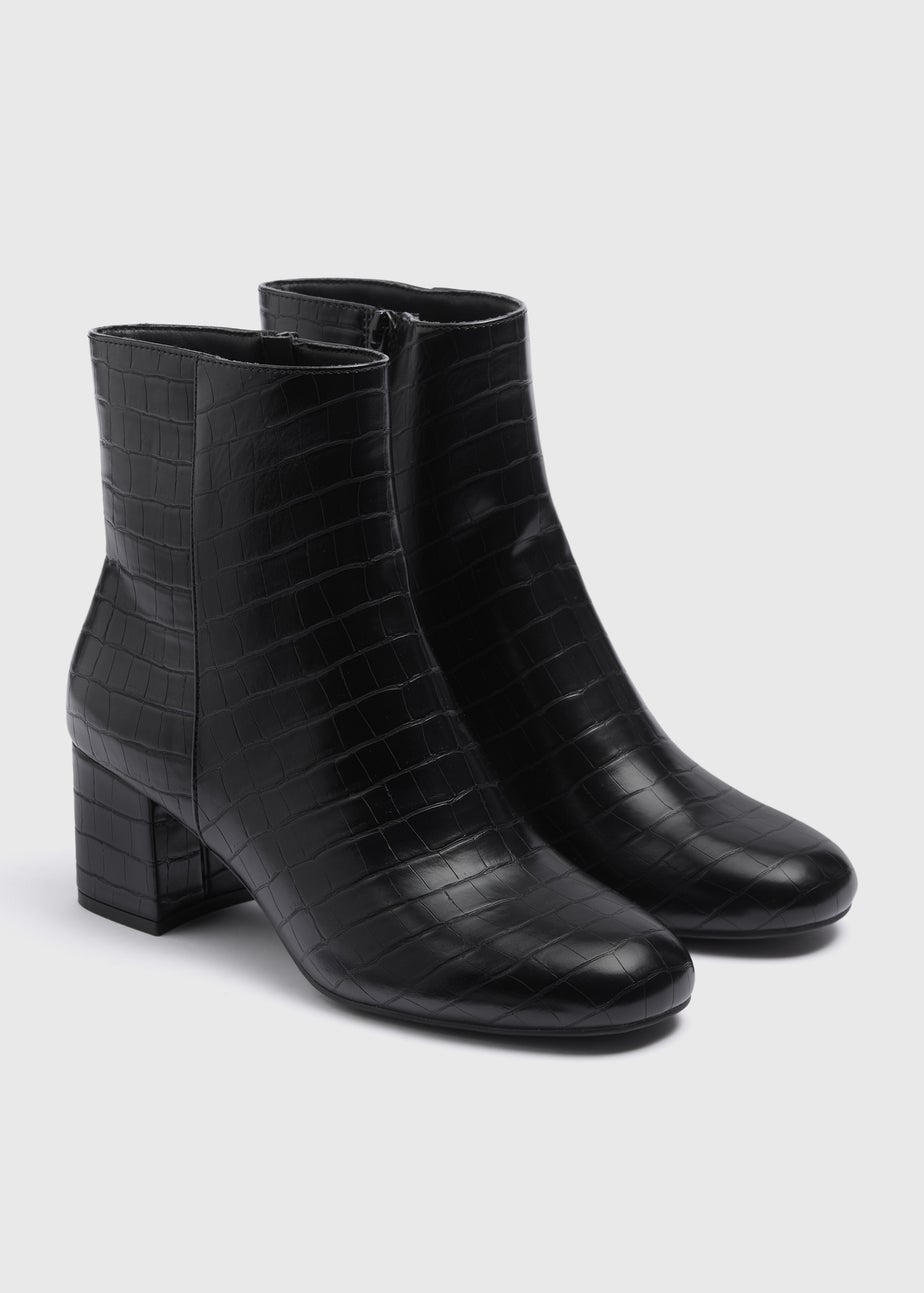 Black Croc Faux Leather Block Heel Boots