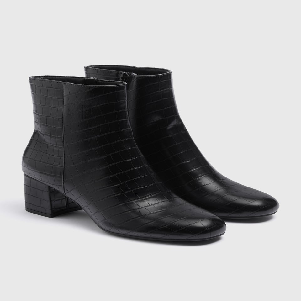 Black Croc Faux Leather Block Heel Boots