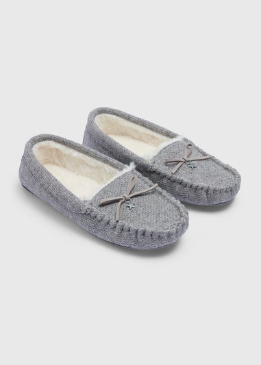 Grey Lurex Moccasin Slippers
