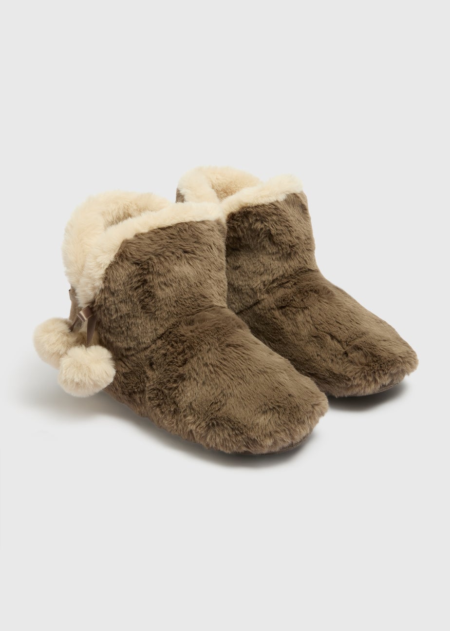 Brown Faux Fur Pom Boot Slippers