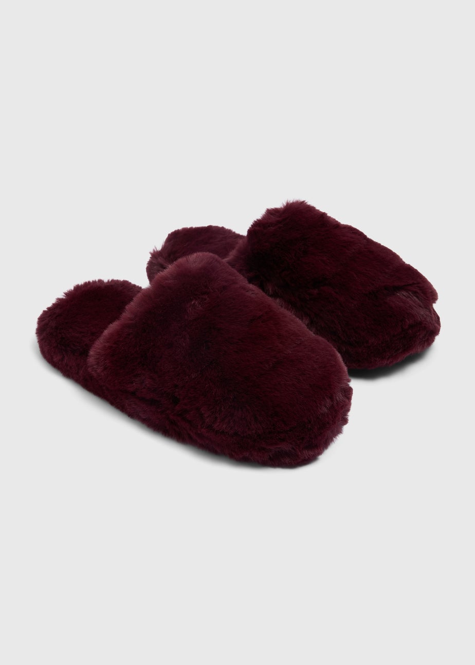 Burgundy Fluffy Faux Fur Mule Slippers