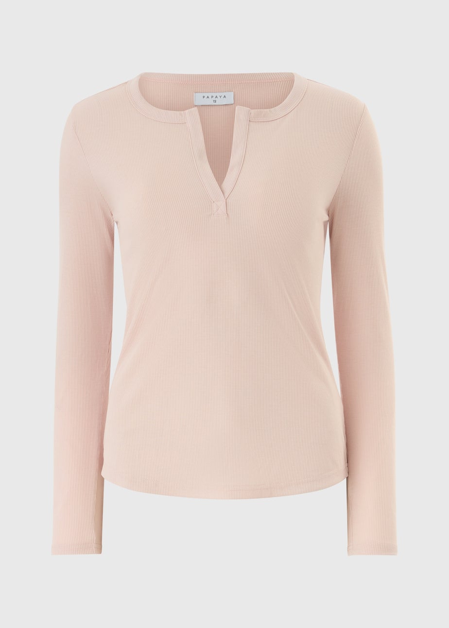 Ribbed Open Neck Pink Top
