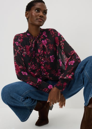 Pink Flower Boho Tie Neck Blouse