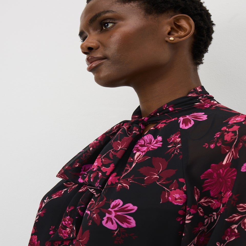 Pink Flower Boho Tie Neck Blouse