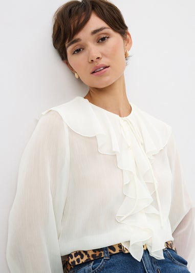 White Tie Neck Ruffle Blouse