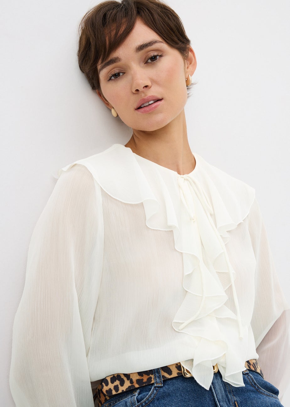 White Tie Neck Ruffle Blouse