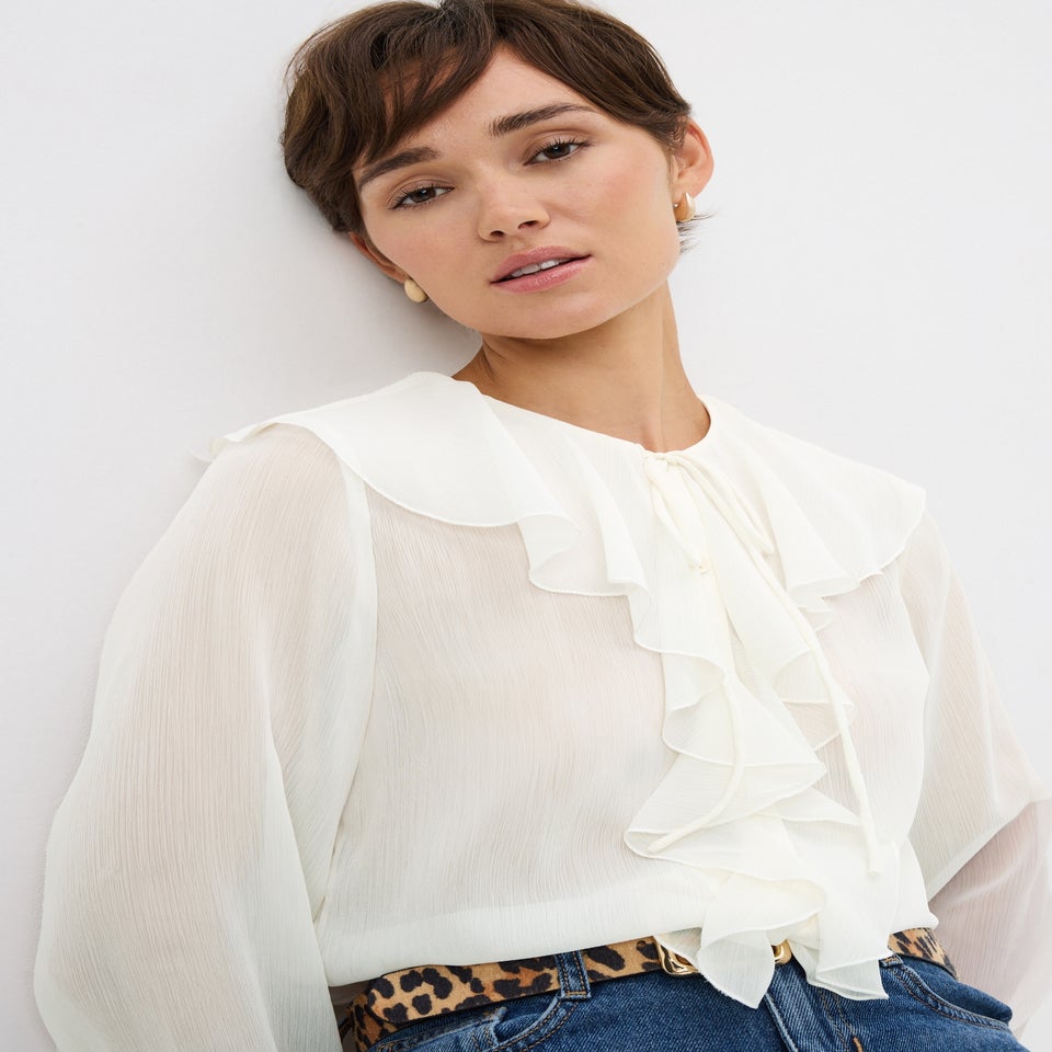 White Tie Neck Ruffle Blouse