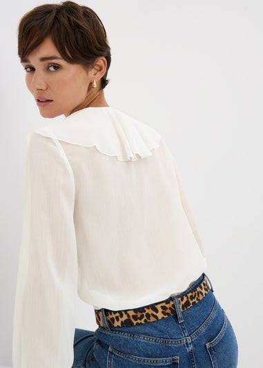White Tie Neck Ruffle Blouse