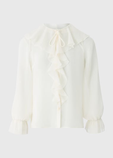 White Tie Neck Ruffle Blouse