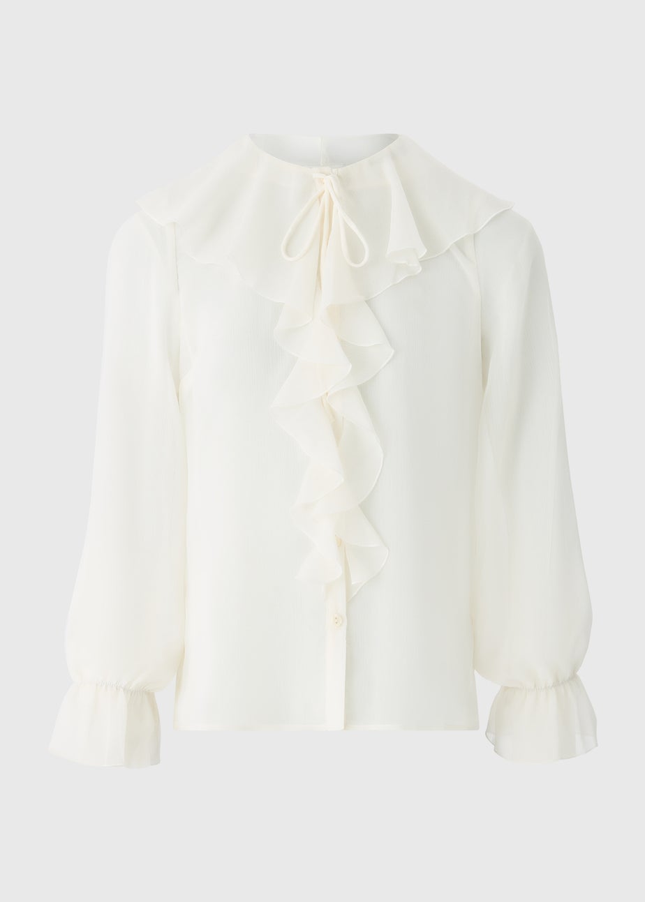 White Tie Neck Ruffle Blouse