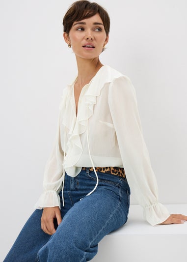 White Tie Neck Ruffle Blouse