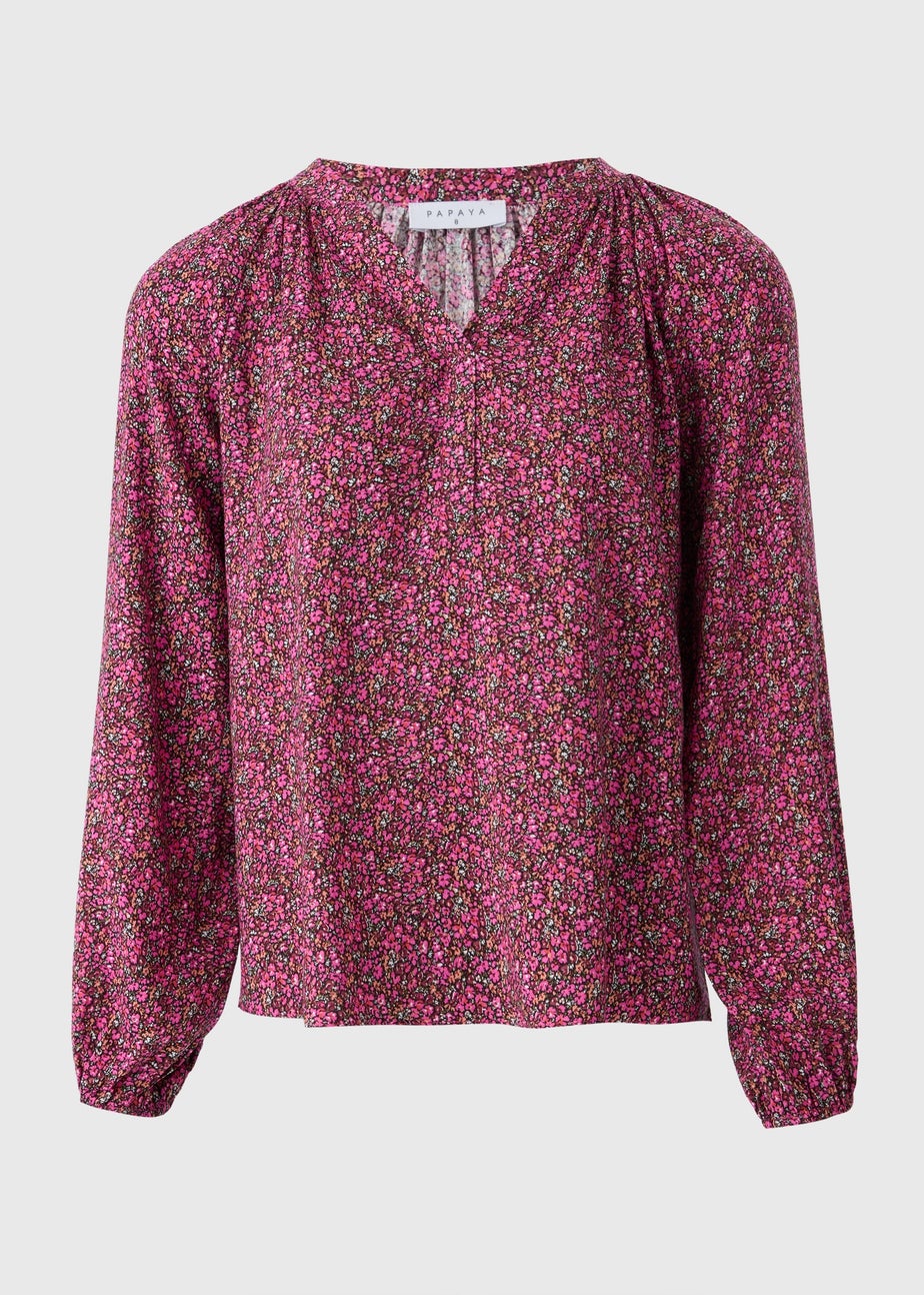 Pink Ditsy Floral V Neck Blouse