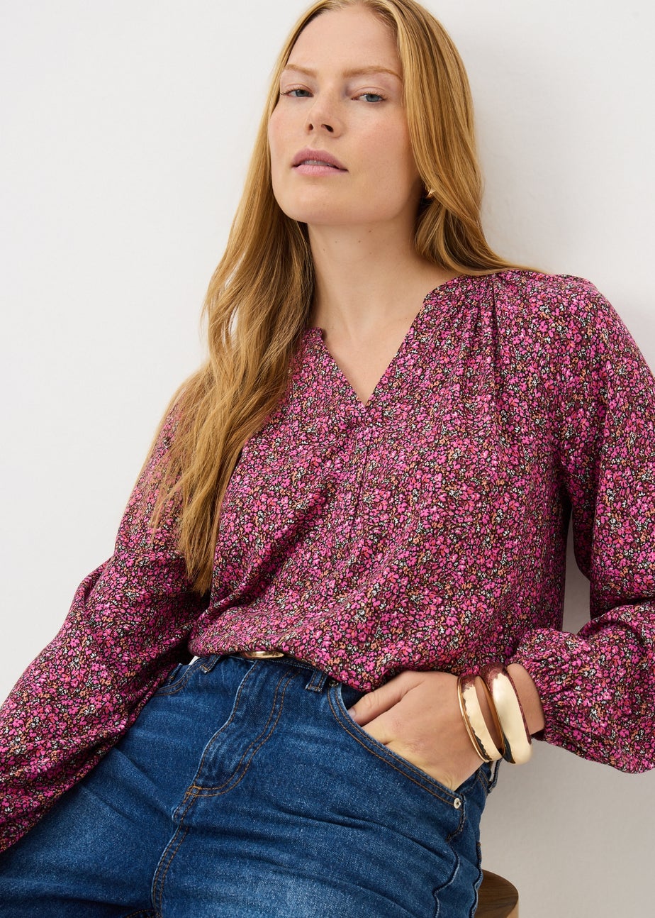 Pink Ditsy Floral V Neck Blouse