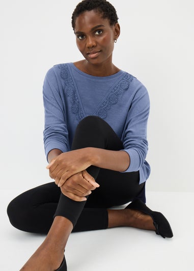 Blue Lace Trim Long Sleeve Top