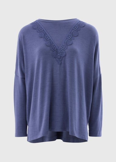 Blue Lace Trim Long Sleeve Top