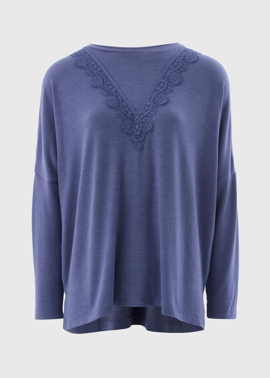 Blue Lace Trim Long Sleeve Top