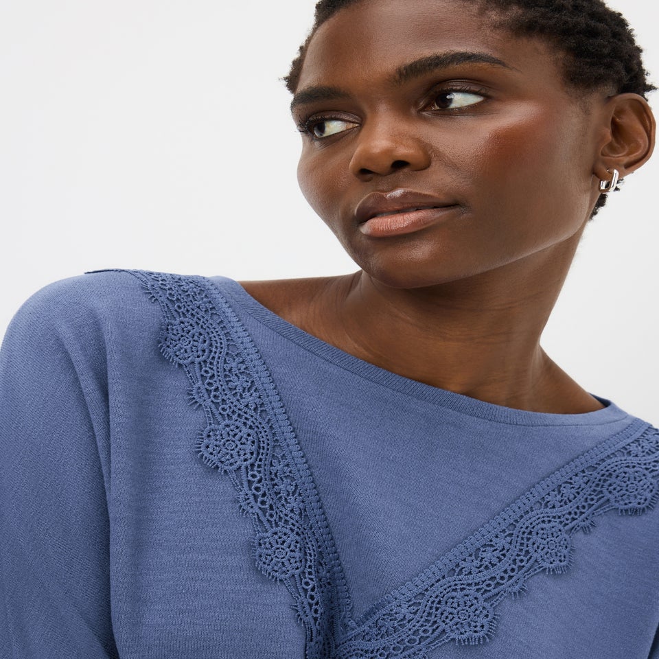 Blue Lace Trim Long Sleeve Top