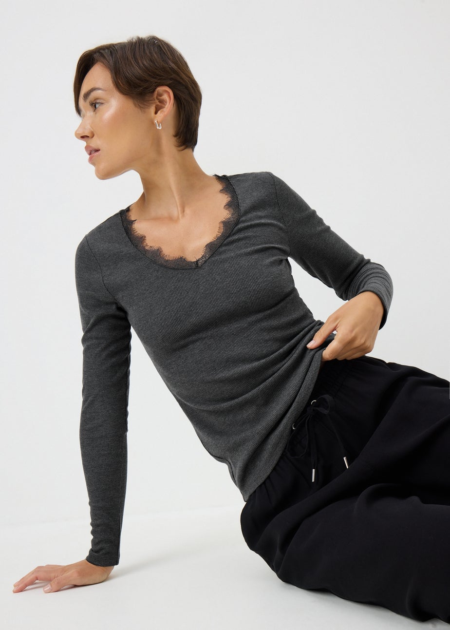 Charcoal Lace Trim Top