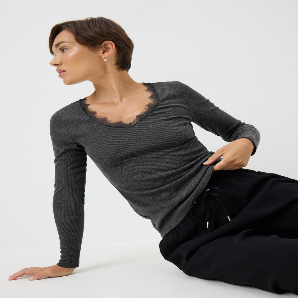 Charcoal Lace Trim Top