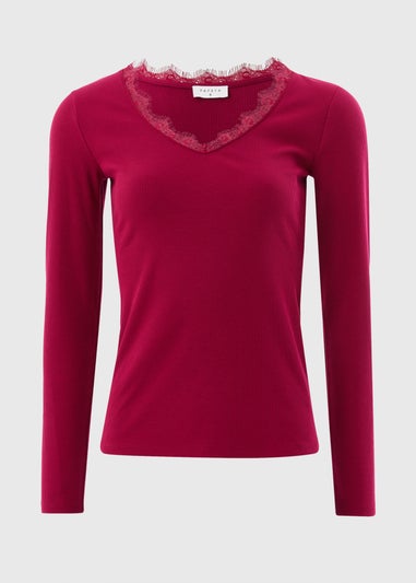 Red Lace Trim Long Sleeve Top