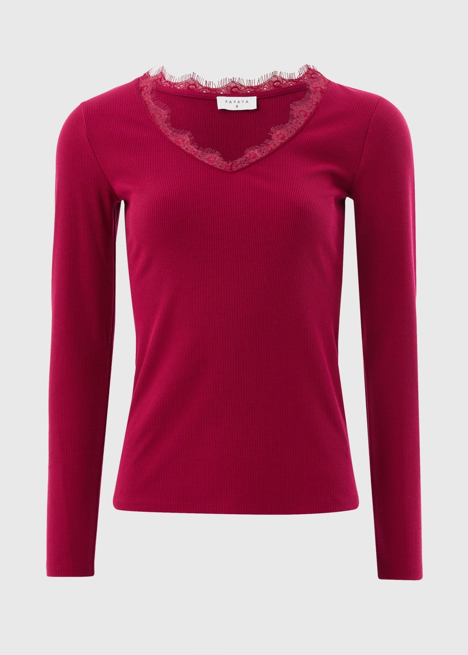 Red Lace Trim Long Sleeve Top