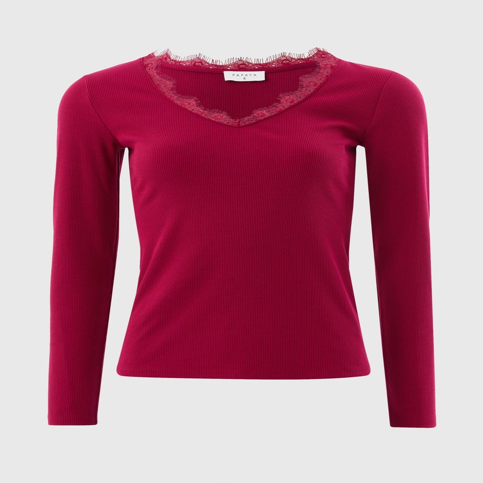 Red Lace Trim Long Sleeve Top
