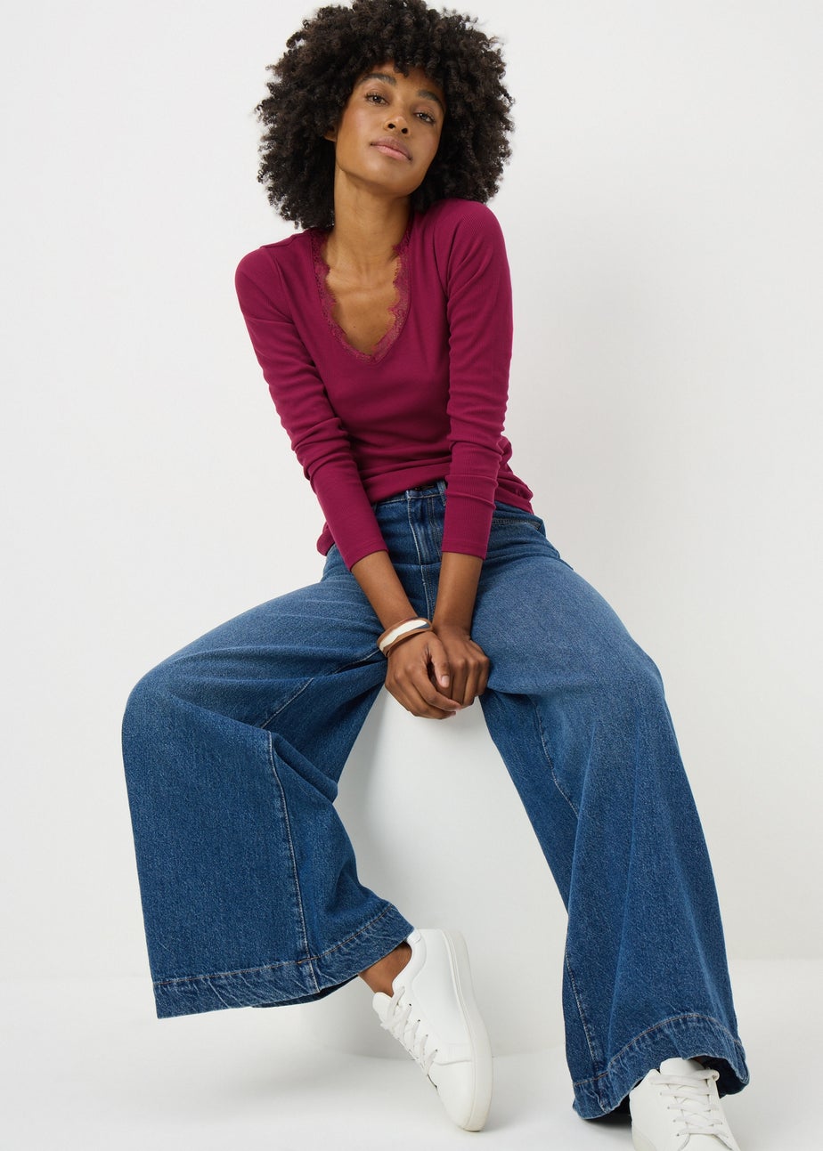 Red Lace Trim Long Sleeve Top