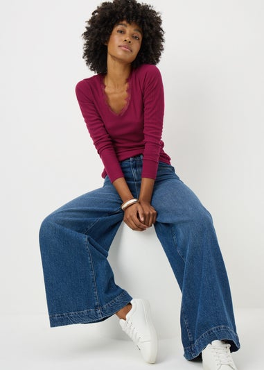 Red Lace Trim Long Sleeve Top