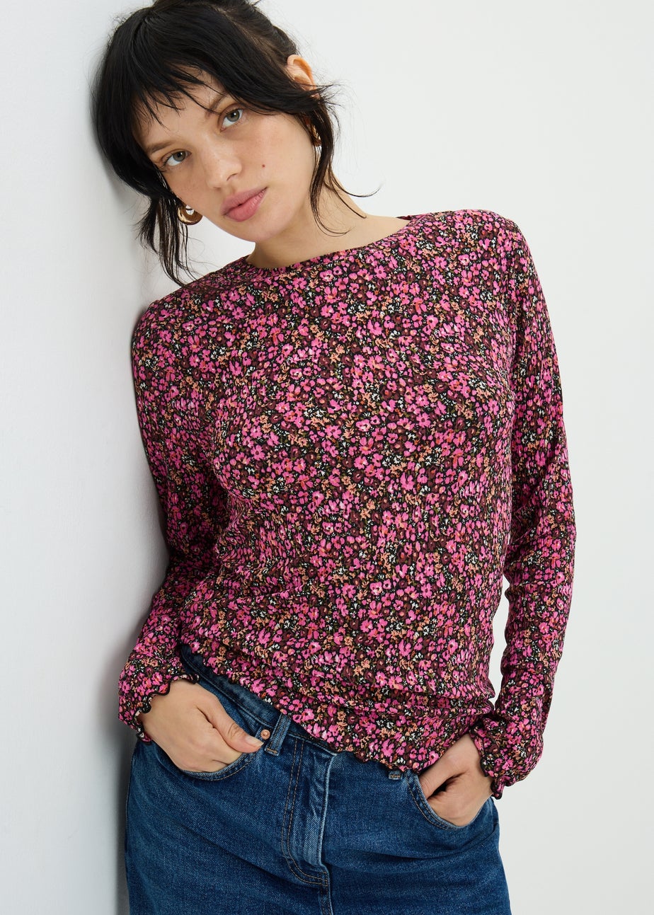 Pink Floral Plisse Mesh Top