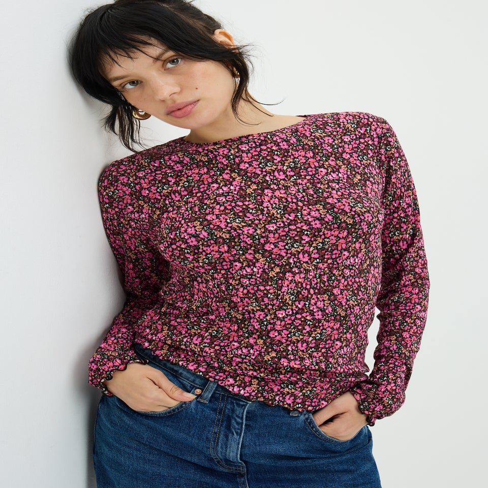 Pink Floral Plisse Mesh Top
