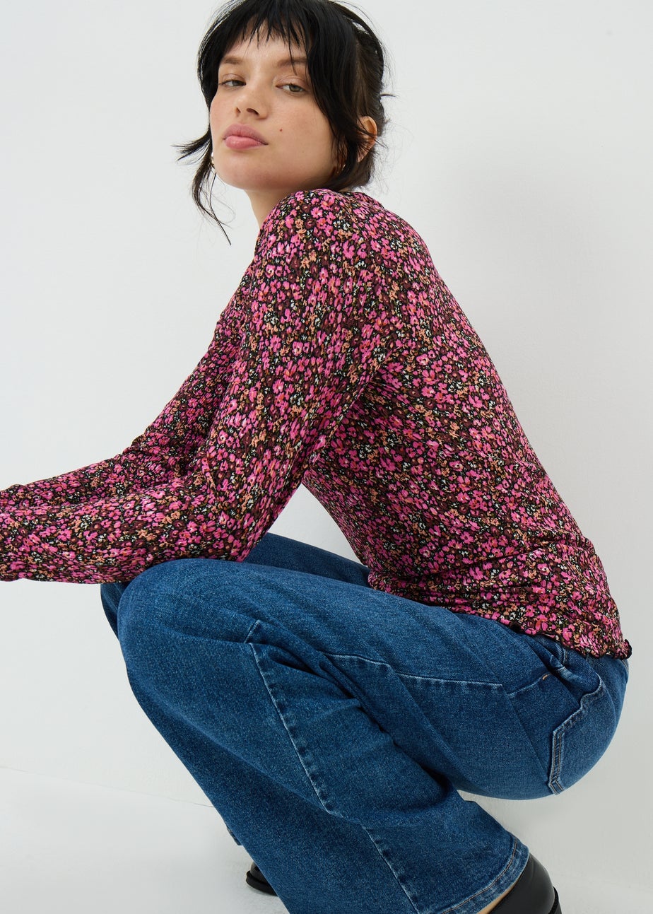 Pink Floral Plisse Mesh Top