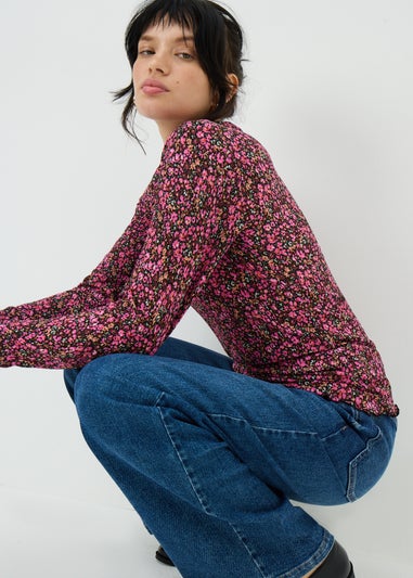 Pink Floral Plisse Mesh Top