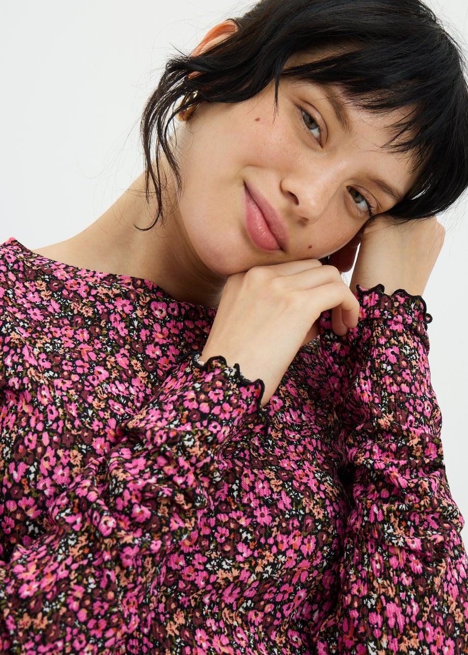 Pink Floral Plisse Mesh Top