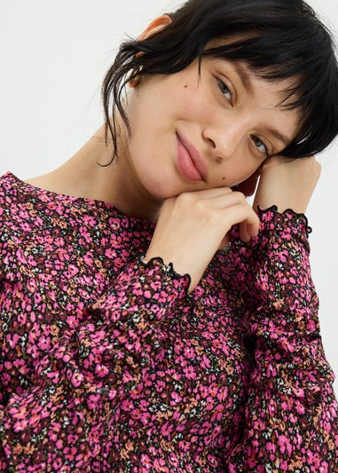 Pink Floral Plisse Mesh Top