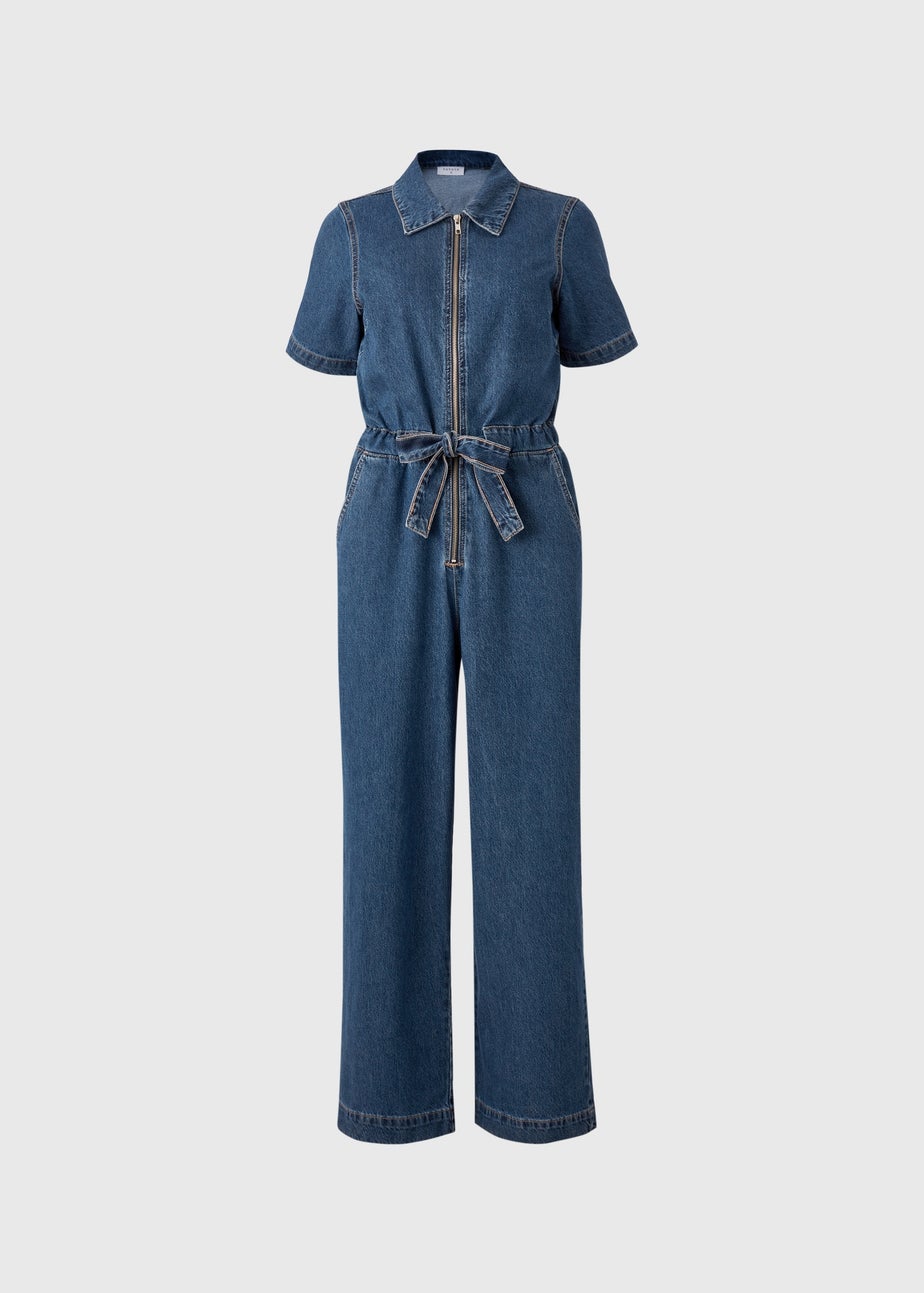 Papaya Petite Denim Mid Wash Jumpsuit