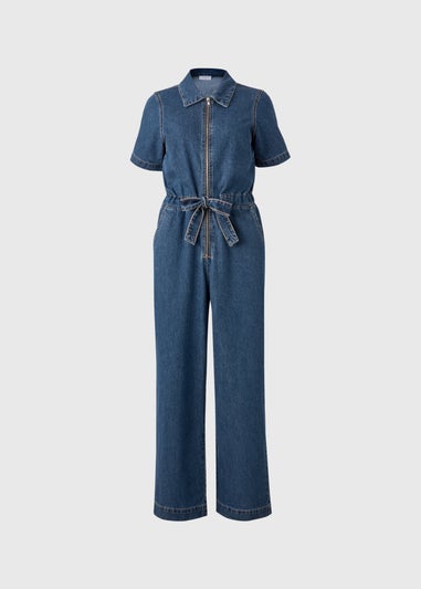 Papaya Petite Denim Mid Wash Jumpsuit