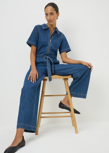 Papaya Petite Denim Mid Wash Jumpsuit