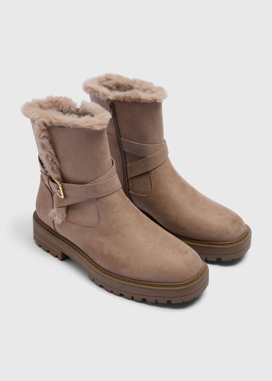 Taupe Faux Fur Buckle Boots